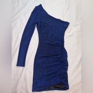 Lulus Size S Sapphire Blue Sparkle Bodycon One Shoulder Long Sleeve Mini Dress